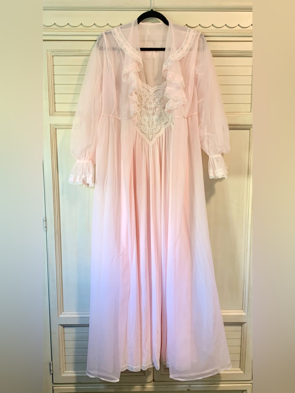 Vintage Miss Elaine Sheer Pink Peignoir Chiffon Nylon Lace Nightgown And Robe